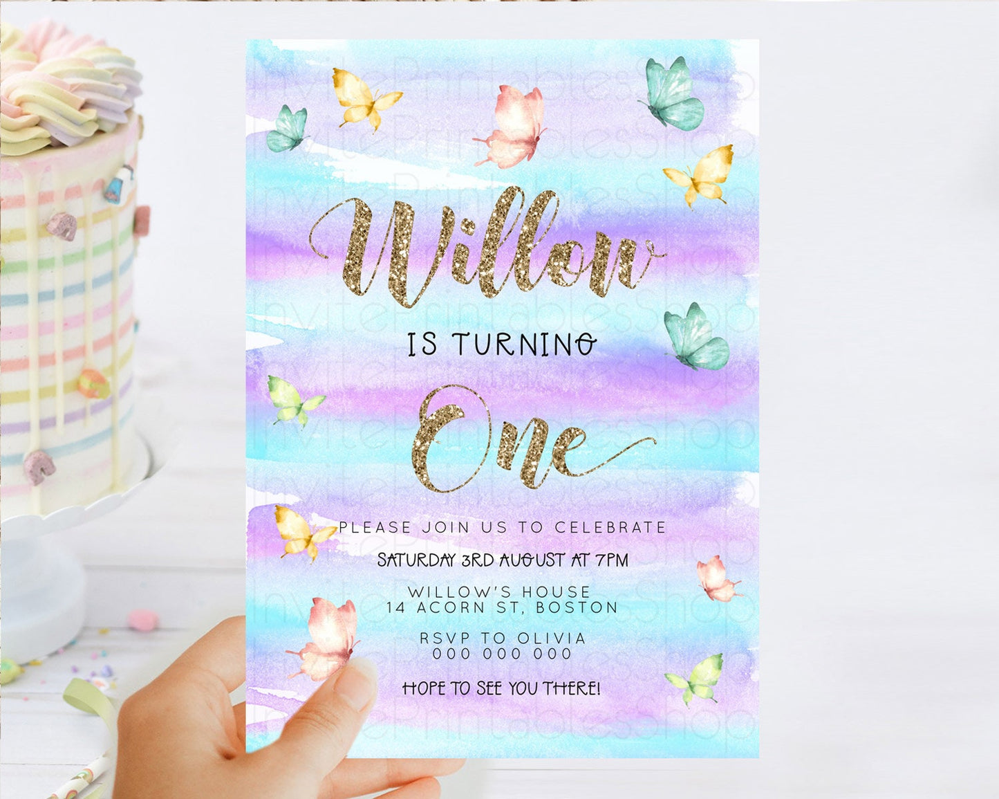 Pastel Butterfly Birthday Invitation Butterfly Birthday Invitation Colorful Splash Glitter Butterfly Garden 1st 2nd Birthday D23217