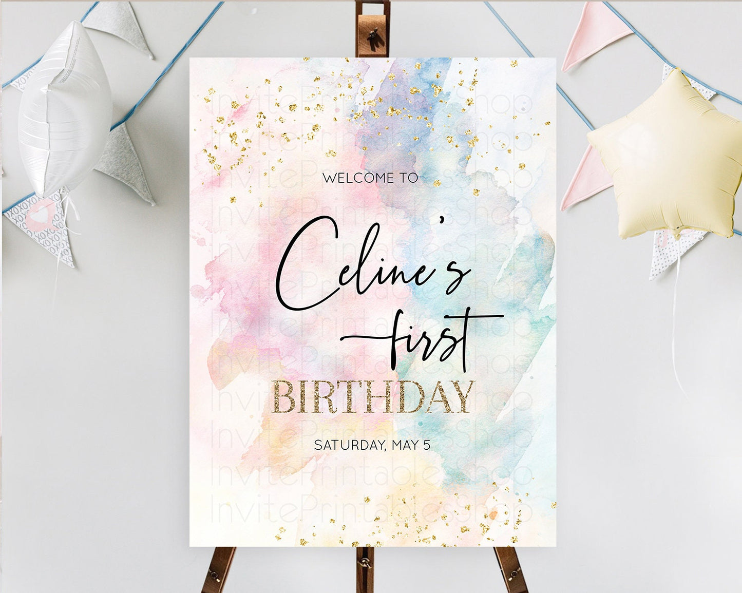Pastel Welcome Sign Pastel Rainbow Welcome Sign Colorful Rainbow Confetti Watercolor Glitter Pastel First Birthday Welcome Sign D10276