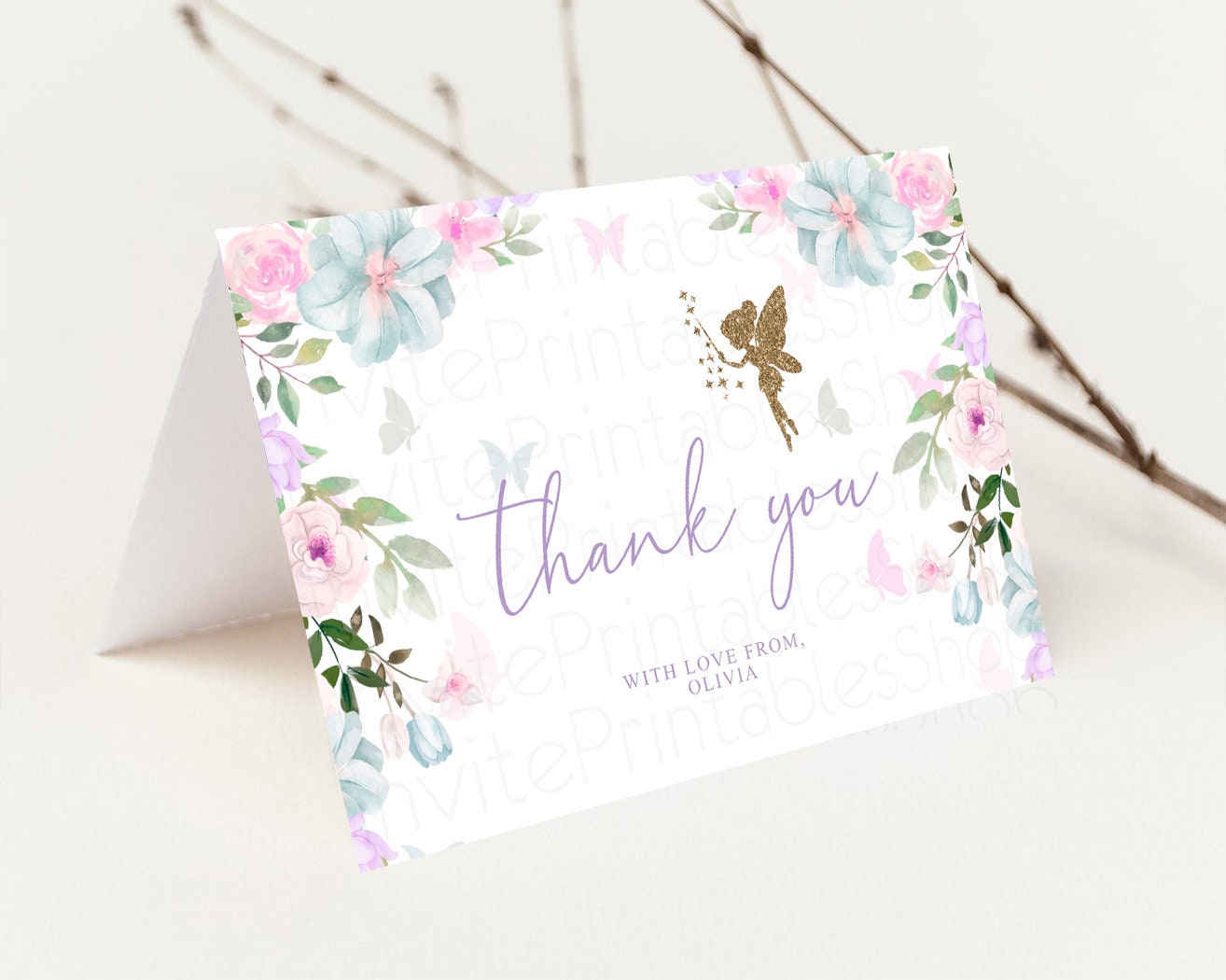 Fairy Thank you Pastel Floral Folded Card Colorful Fairy Garden Thank You Postcard Custom Message Purple Pink Birthday Baby Shower 513V3