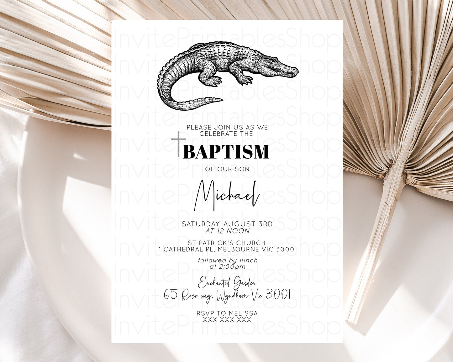 Crocodile Baptism Invitation Alligator Baptism 1st Birthday Invitation Later Alligator Swamp Safari Crocodile Christening Invitation D10286