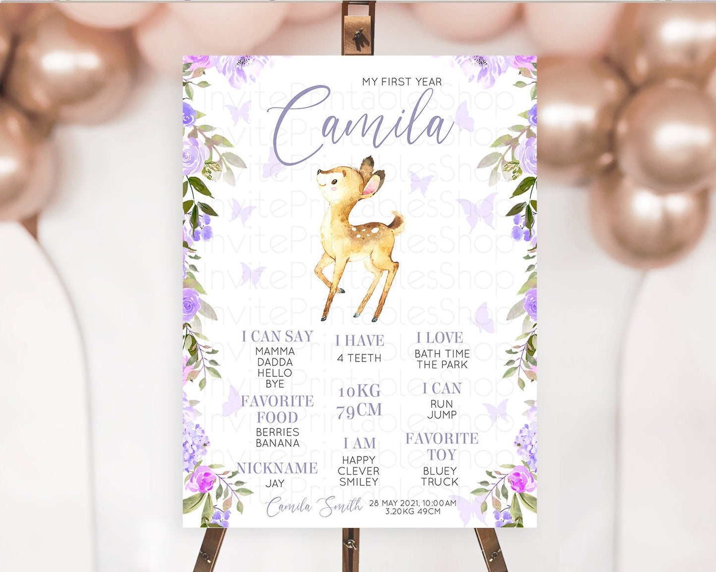 Fawn First Birthday Milestone Board Deer First Birthday Milestone Poster Enchanted Forest Butterfly Pastel Flowers 1st Birthday Sign D10916