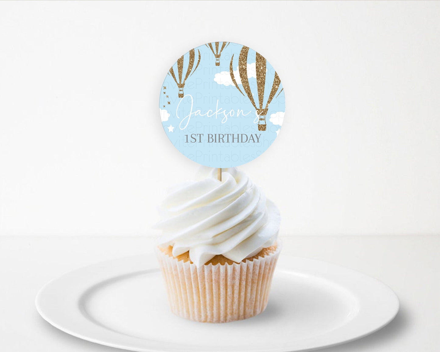 Editable Hot Air Balloon Cupcake Toppers Adventure Awaits Up & Away Glitter