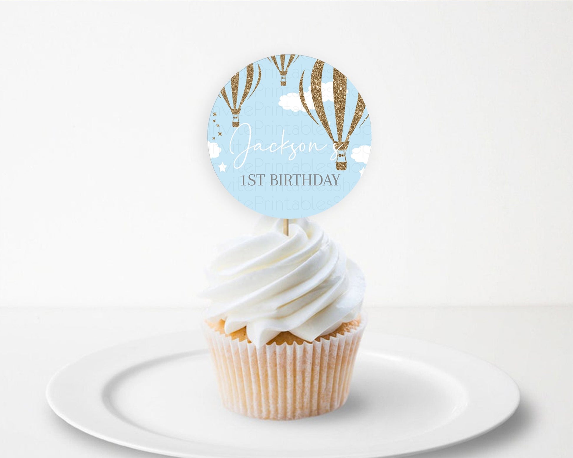Editable Hot Air Balloon Cupcake Toppers Adventure Awaits Up & Away Glitter