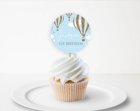 Editable Hot Air Balloon Cupcake Toppers Adventure Awaits Up & Away Glitter
