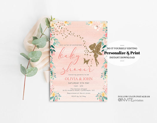 Fairy Baby Shower Invitation Enchanted Baby Tinkerbell Glitter Pixie Twinkle Stars Fairytale Pastel Watercolor Flowers Editable Template