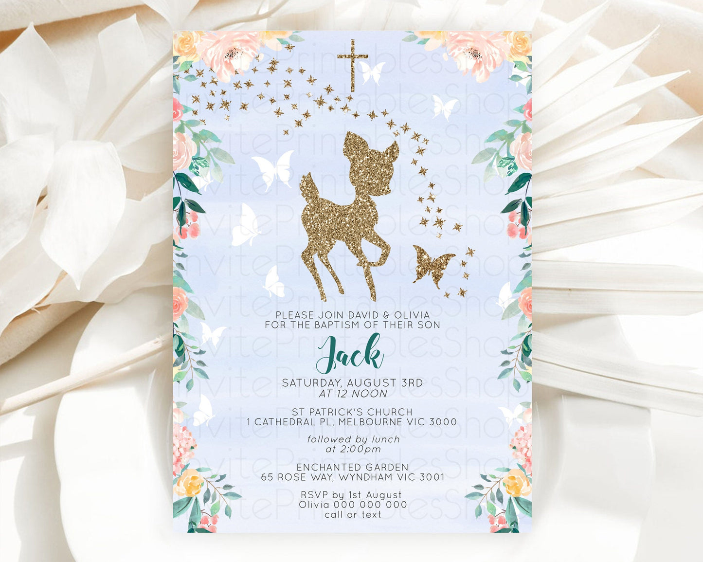 Fawn Baptism Invitation Deer Baptism 1st Birthday Invitation Enchanted Forest Christening Invitation Pastel Garden Butterfly Floral D10875