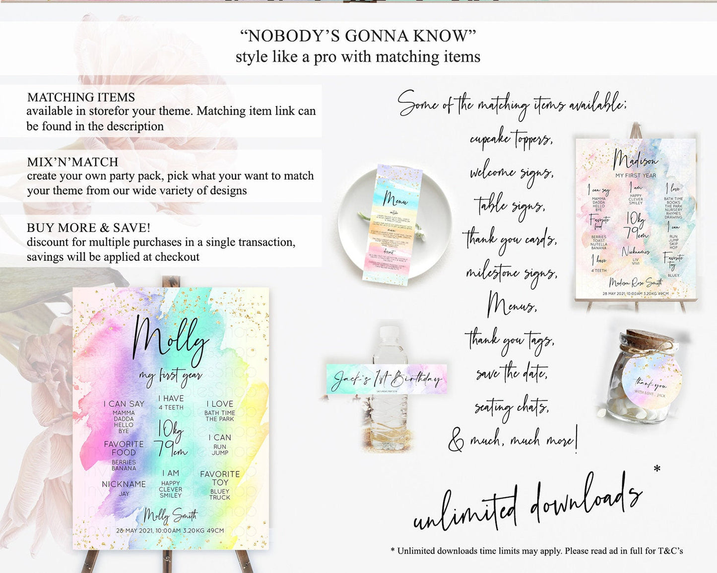 Pastel First Birthday Milestone Board Pastel Rainbow Milestone Poster Colorful Confetti Watercolor Glitter 1st Birthday Welcome Sign D10231