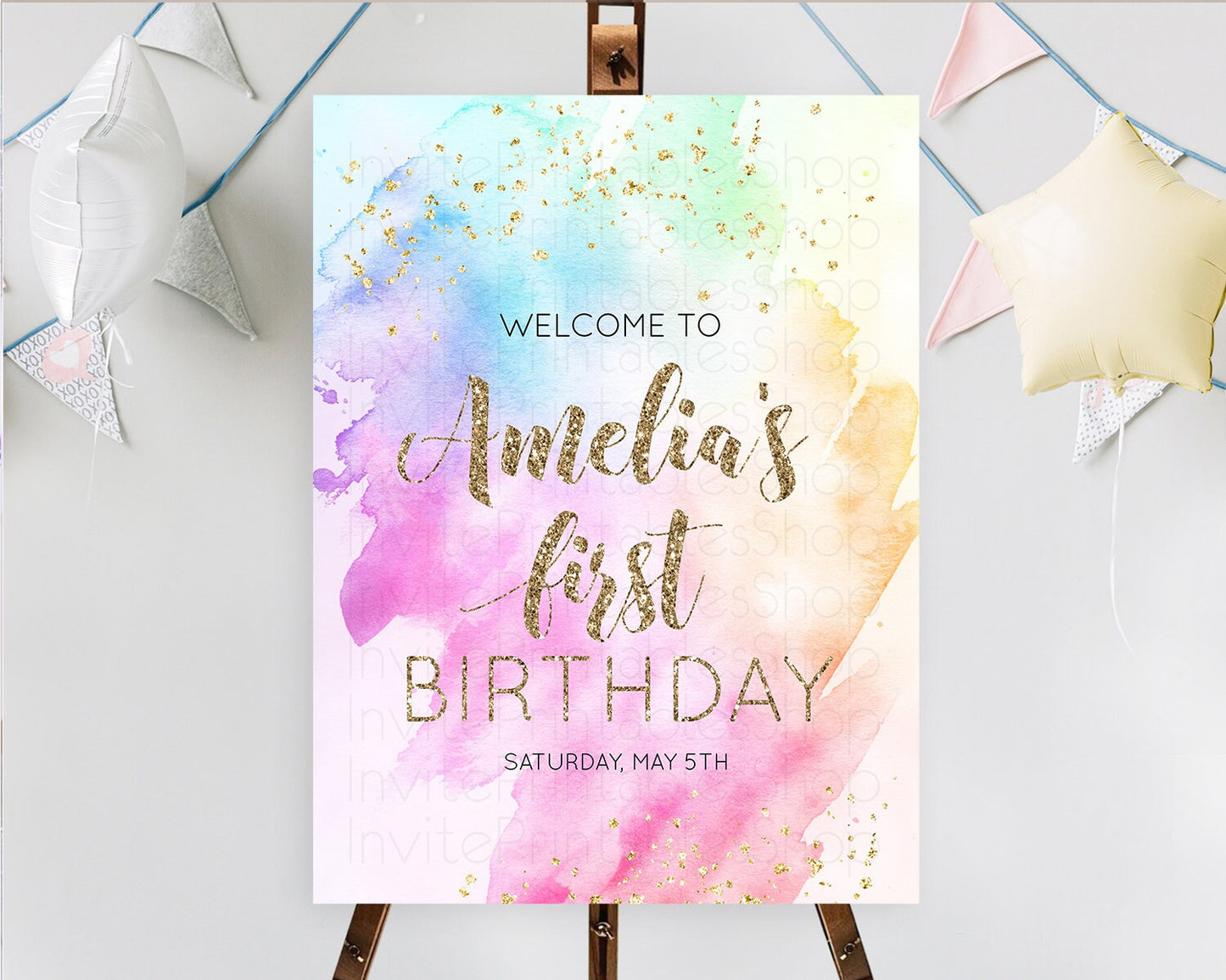 Pastel Welcome Sign Pastel Rainbow Welcome Sign Colorful Rainbow Confetti Watercolor Glitter Pastel First Birthday Welcome Sign D10450