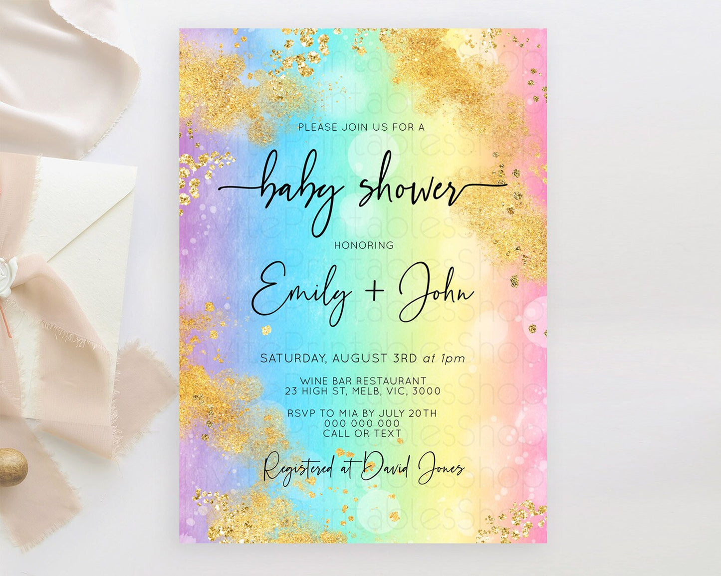 Pastel Baby Shower Invitation Rainbow Baby Shower Invitation Colorful Pastel Watercolor Invitation Gold Glitter Sprinkles Ombre D10559