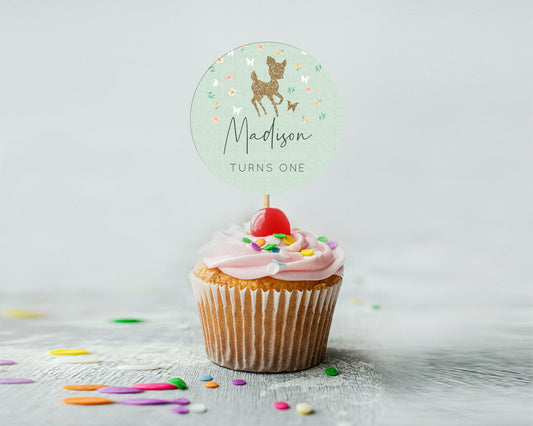 Fawn Cupcake Toppers Deer Cupcake Toppers Enchanted Forest Party Butterfly Pastel Flowers Woofland Cupcake Toppers First Birthday D10385