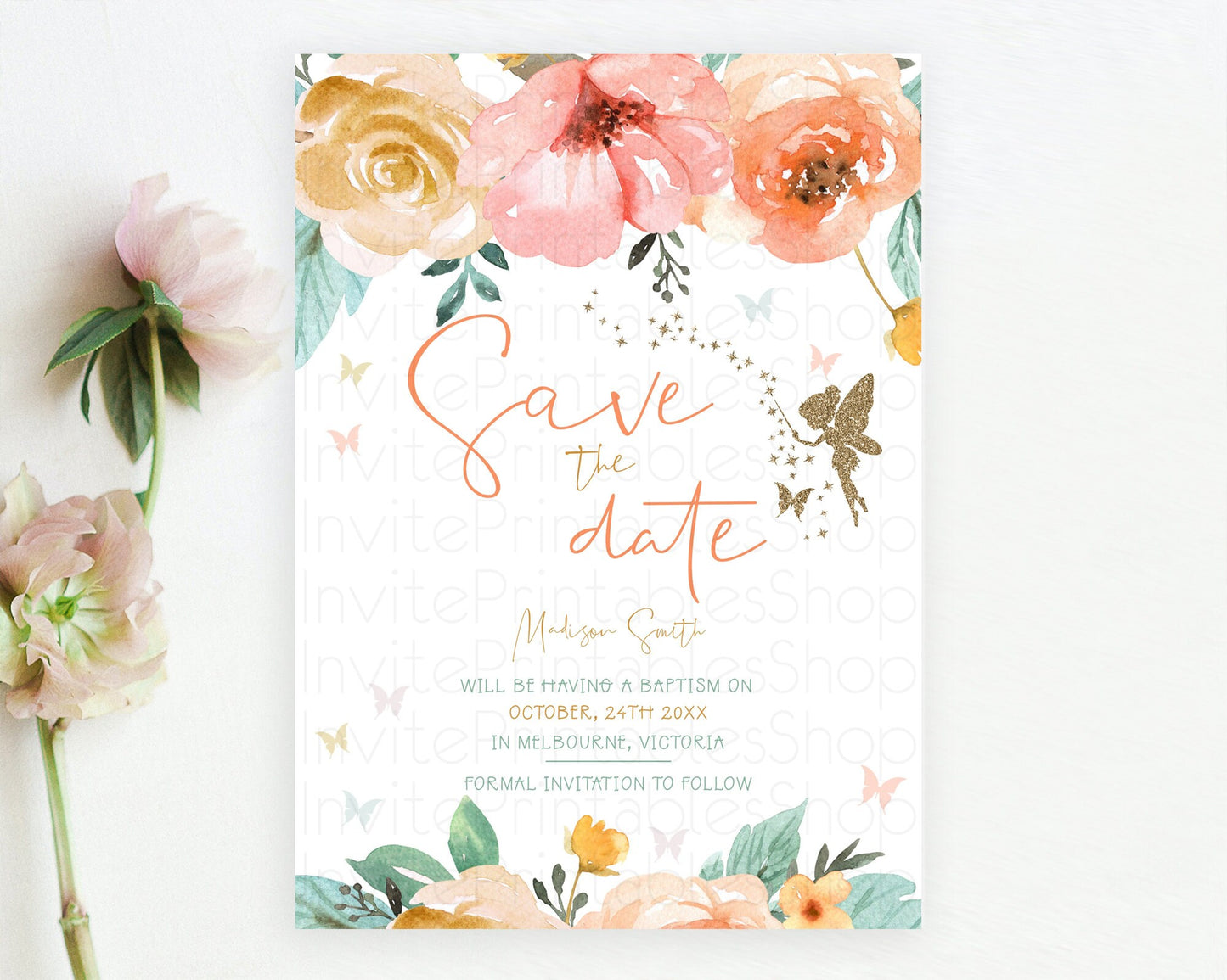 Fairy Save The Date Template Enchanted Garden Pastel Floral Butterfly Party Secret Garden Birthday Baptism Baby Shower Bridal Shower D10346