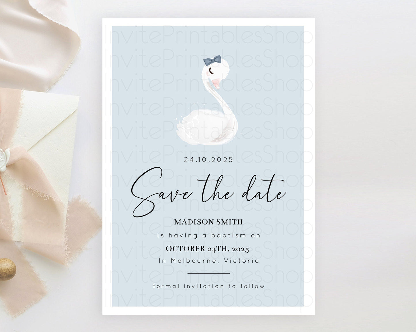 Swan Save The Date Template Swan Princess Ballet Party Enchanted Swan Lake Secret Garden Pastel Floral Birthday Baptism Baby Shower D10760