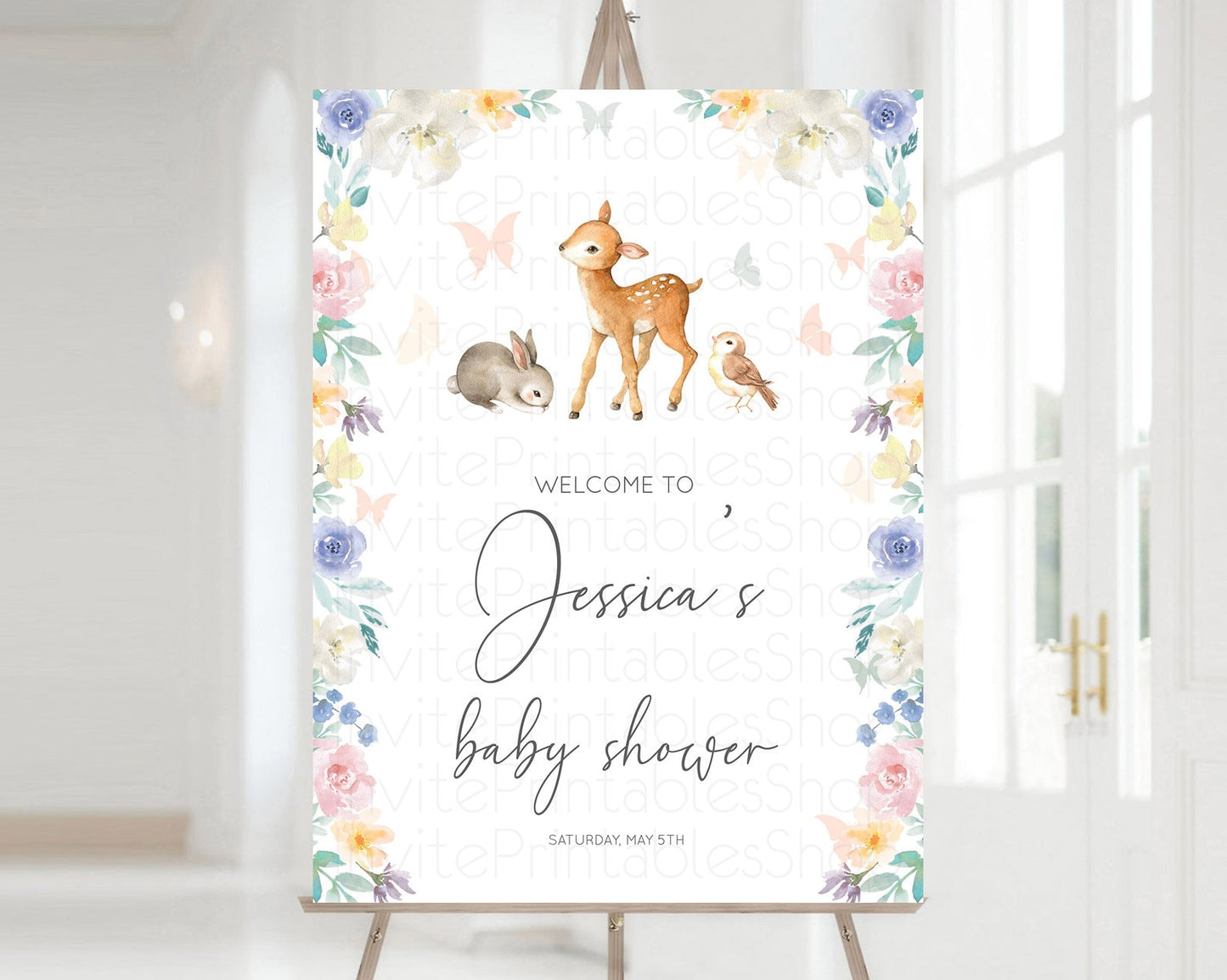 Fawn Baby Shower Welcome Sign Deer Welcome Board Floral Deer Welcome Poster Enchanted Forest Butterfly Pastel Floral Welcome Sign D10930