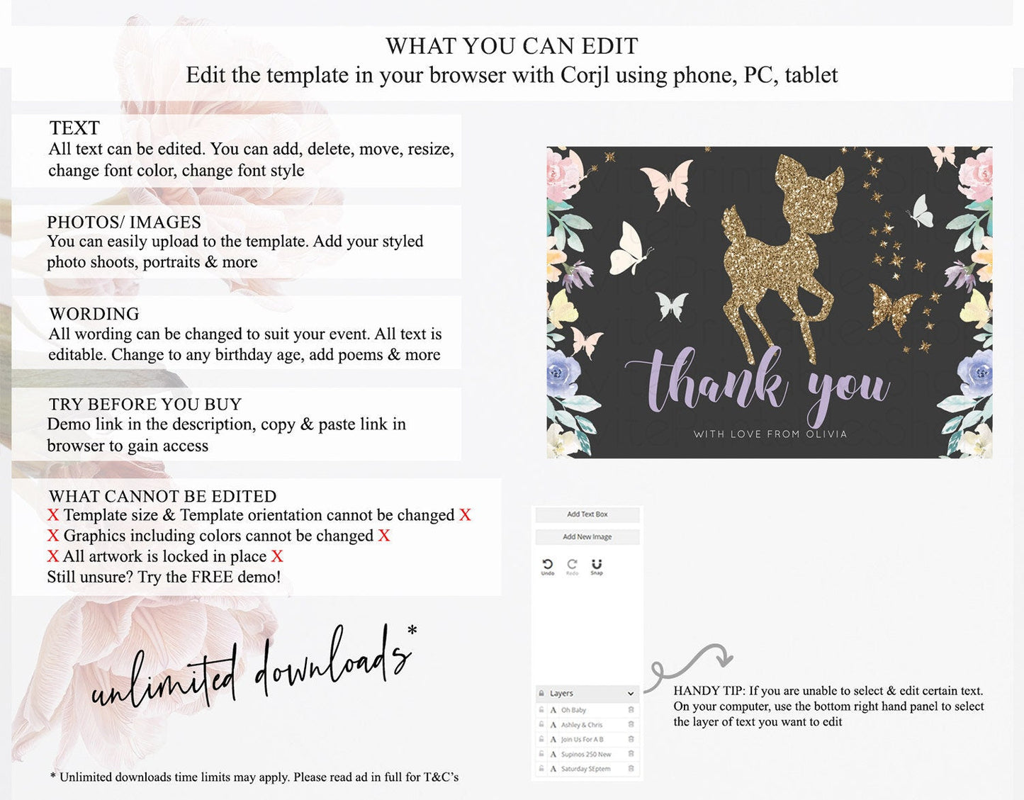 Fawn Thank You Deer Thank You Card Pastel Floral Deer Birthday Thank You Card Enchanted Forest Butterfly Deer Teacher Thank You Card D10880