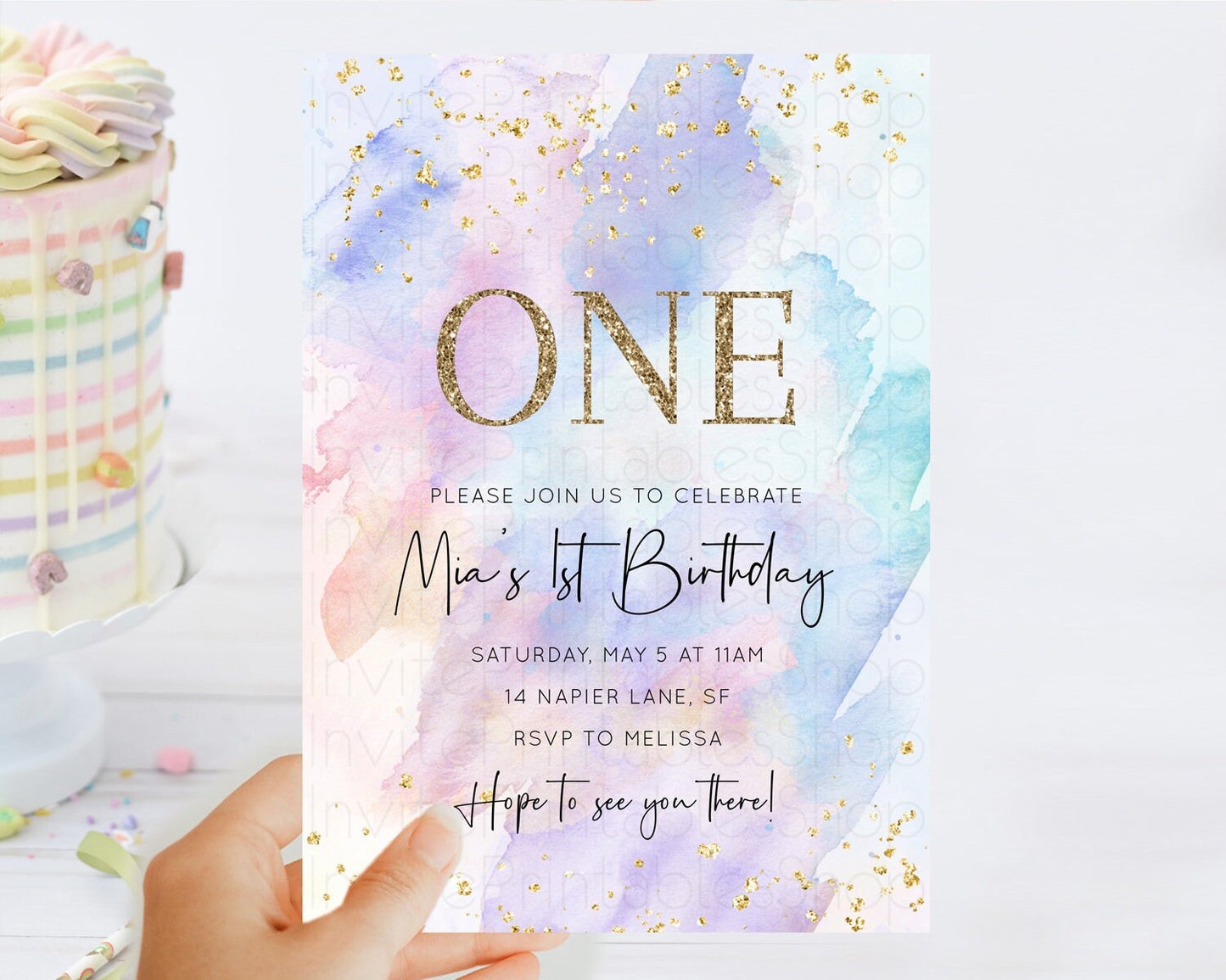 Rainbow Birthday Invitation Colorful Pastel Watercolor Invitation Gold Glitter Sprinkles Ombre Pastel 1st 2nd 3rd Birthday D10585