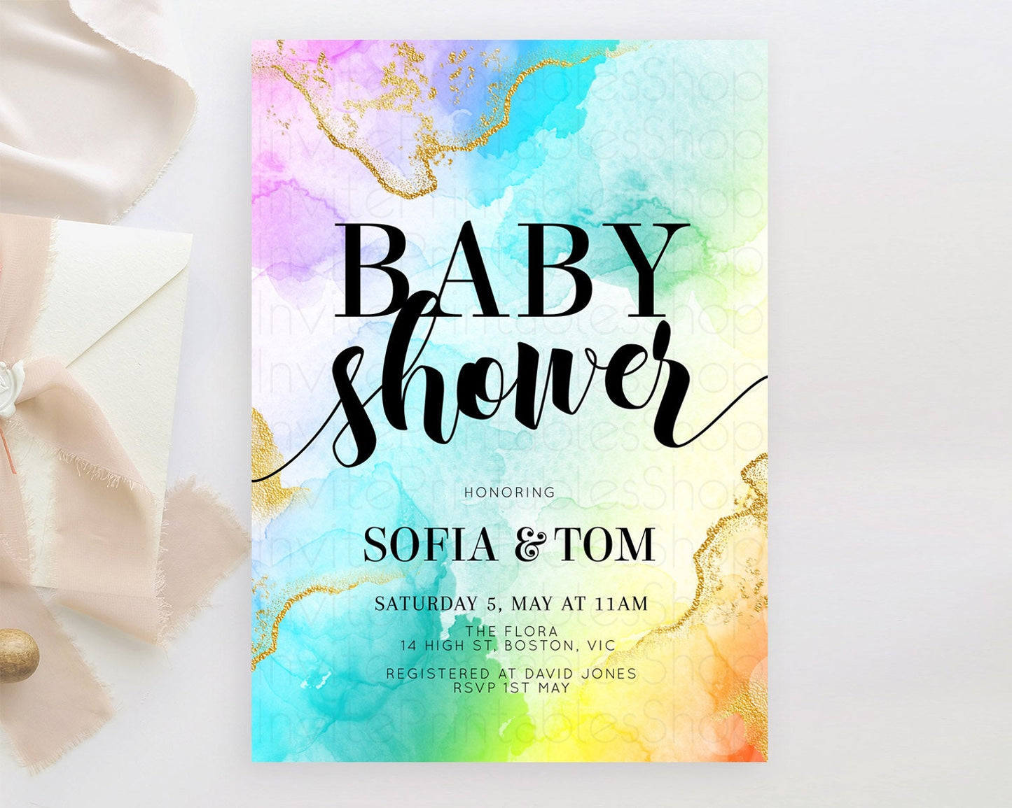 Pastel Baby Shower Invitation Rainbow Baby Shower Invitation Colorful Pastel Watercolor Invitation Gold Glitter Sprinkles Ombre D10392