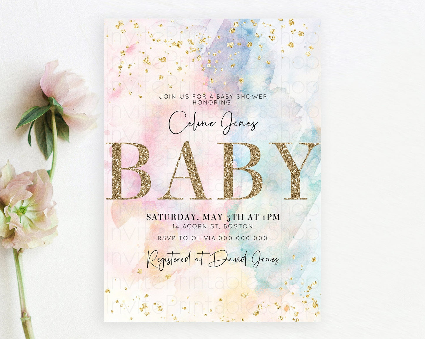 Pastel Baby Shower Invitation Rainbow Baby Shower Invitation Colorful Pastel Watercolor Invitation Gold Glitter Sprinkles Ombre D10263