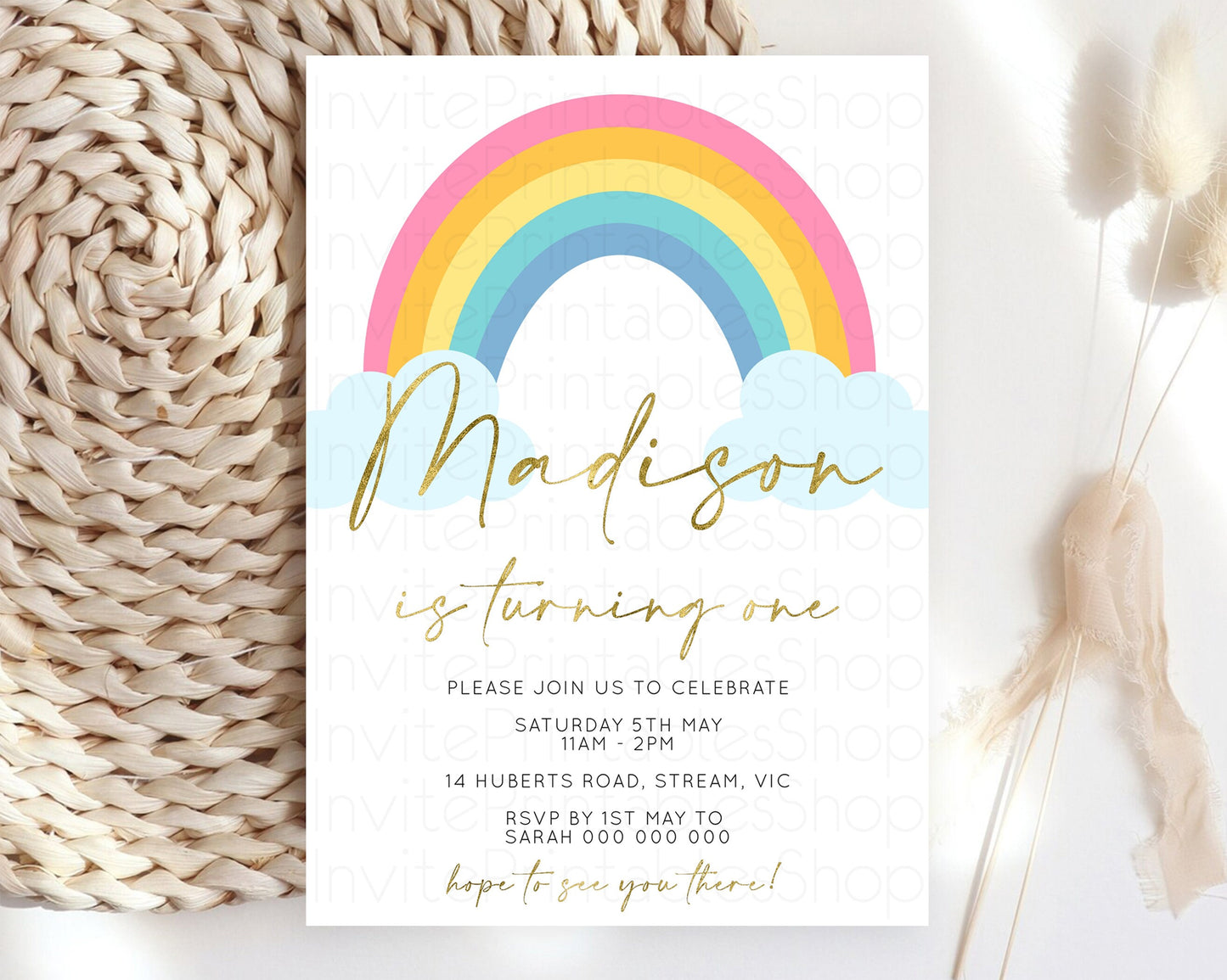 Rainbow Birthday Invitation Colorful Pastel Invitation Heart Rainbow Invite Watercolor Pink Blue Yellow Clouds 1st 2nd 3rd Birthday 190