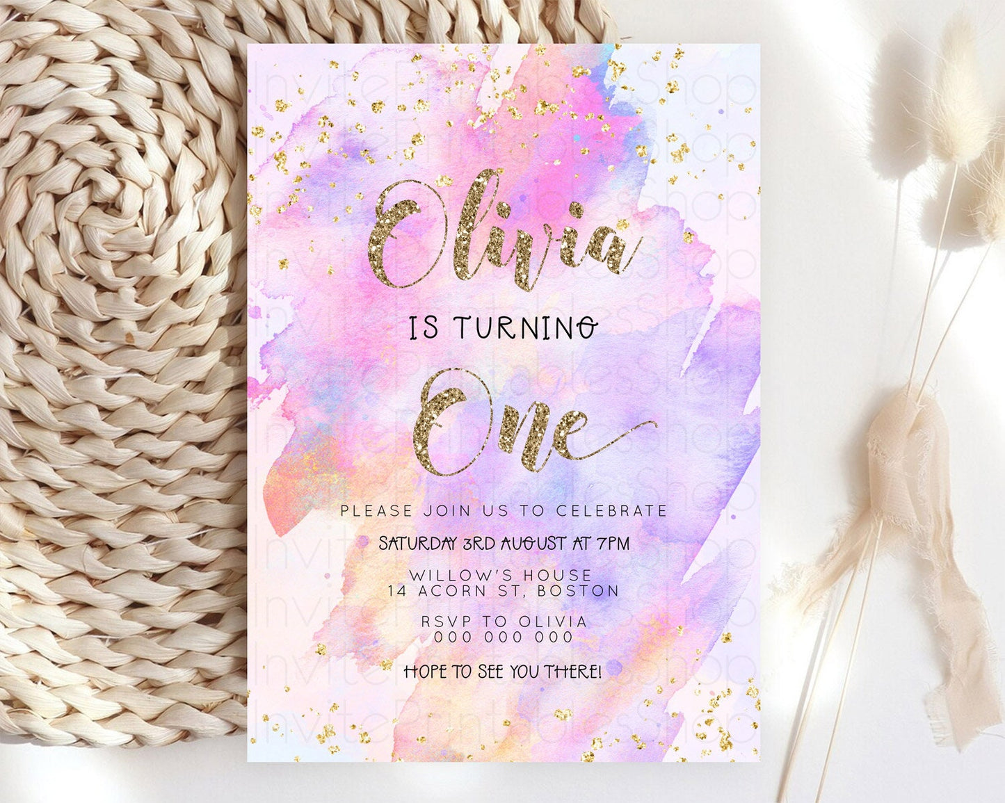 Rainbow Birthday Invitation Colorful Pastel Watercolor Invitation Gold Glitter Sprinkles Ombre Pastel 1st 2nd 3rd Birthday D23298