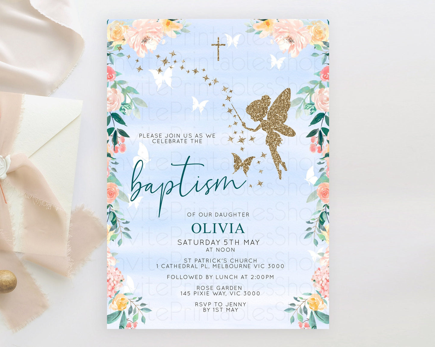 Fairy Baptism Invitation Fairy Baptism 1st Birthday Invitation Enchanted Secret Garden Christening Invite Pastel Floral Butterfly D10794