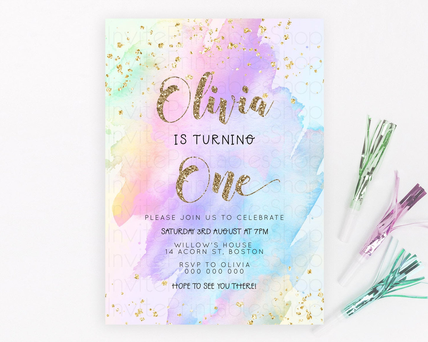 Rainbow Birthday Invitation Colorful Pastel Watercolor Invitation Gold Glitter Sprinkles Ombre Pastel 1st 2nd 3rd Birthday D23295