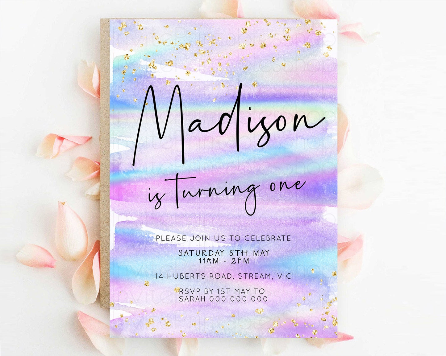 Pastel Birthday Invitation Ombre Watercolor Birthday Invitation Glitter Rainbow Color Splash 1st 2nd 3rd Birthday Invitation D23031