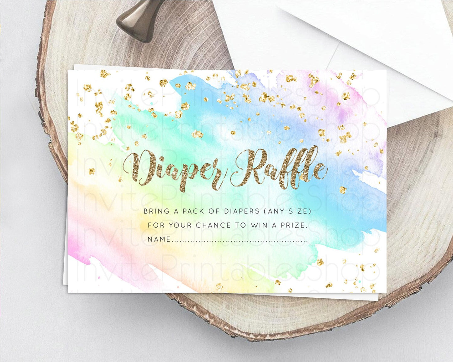 Pastel Diaper Raffle Card Pastel Rainbow Diaper Raffle Insert Colorful Ombre Watercolor Diaper Ticket Confetti Glitter Raffle Game D10637