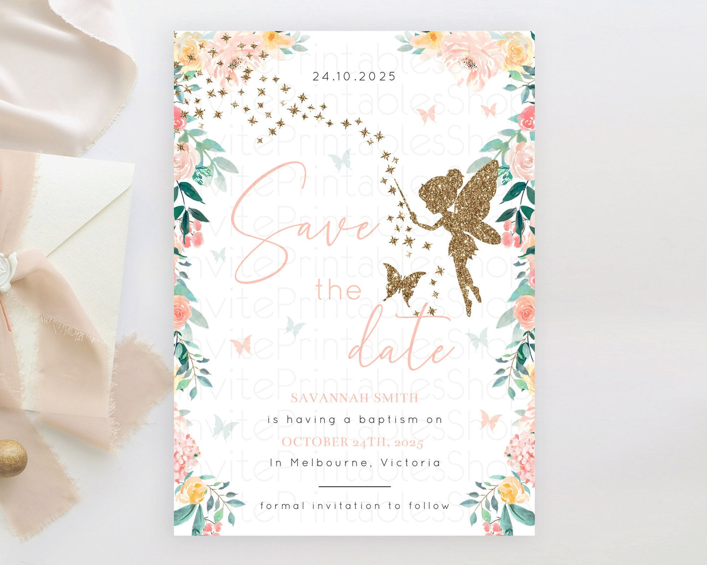 Fairy Save The Date Template Enchanted Garden Pastel Floral Butterfly Party Secret Garden Birthday Baptism Baby Shower Bridal Shower D10789