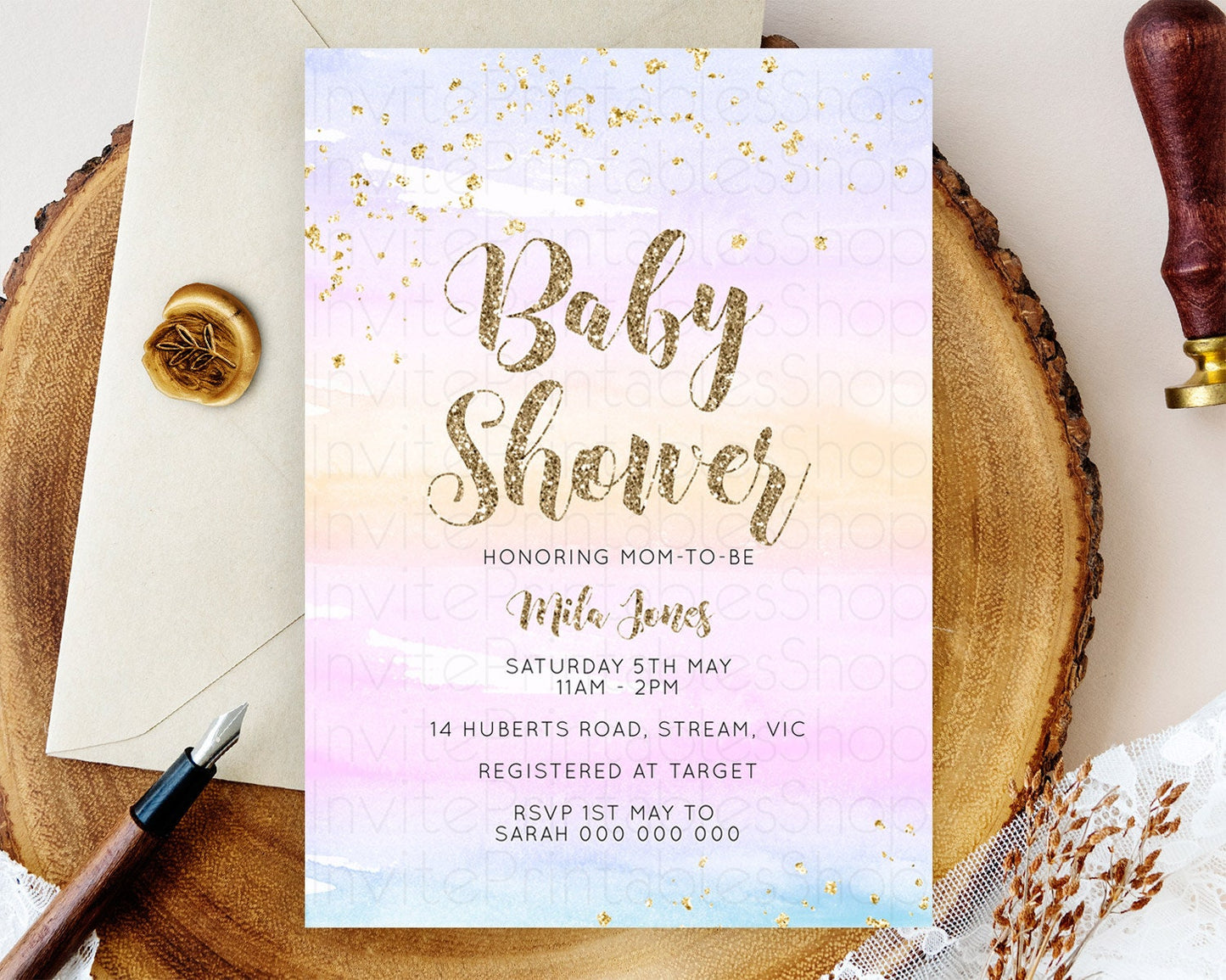 Pastel Baby Shower Invitation Rainbow Baby Shower Invitation Colorful Pastel Watercolor Invitation Gold Glitter Sprinkles Ombre D10595