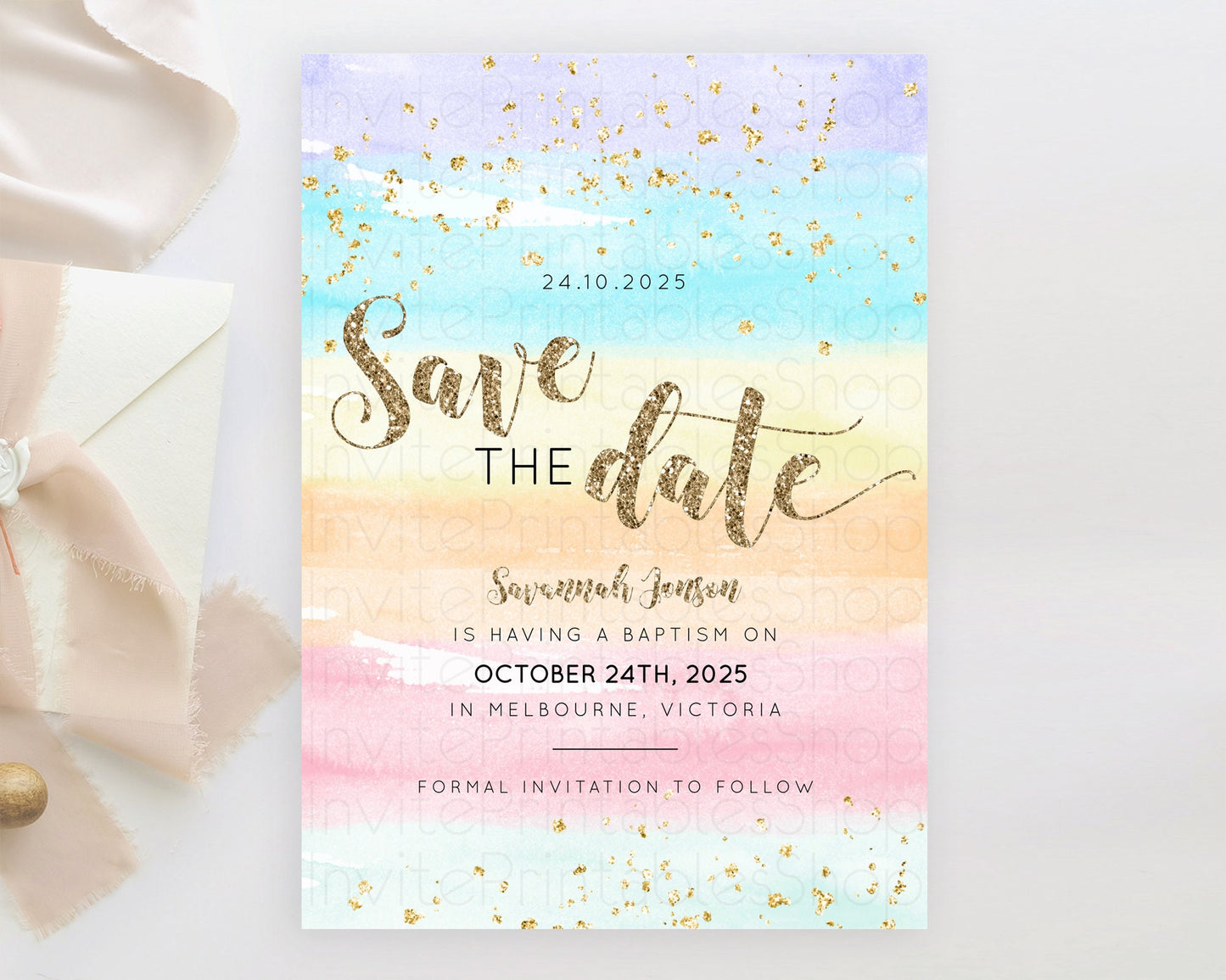 Pastel Save The Date Template Pastel Ombre Rainbow Watercolor Colorful Party For Birthday Baptism Baby Shower Wedding Bridal Shower D10508