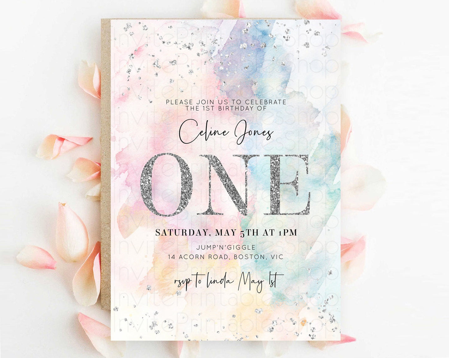 Rainbow Birthday Invitation Colorful Pastel Watercolor Silver Glitter Sprinkles Ombre Pastel Invitation 1st 2nd 3rd First Birthday D10945