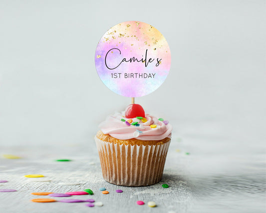 Editable Rainbow Cupcake Toppers Pastel Cupcake Toppers Colorful Pastel Wate