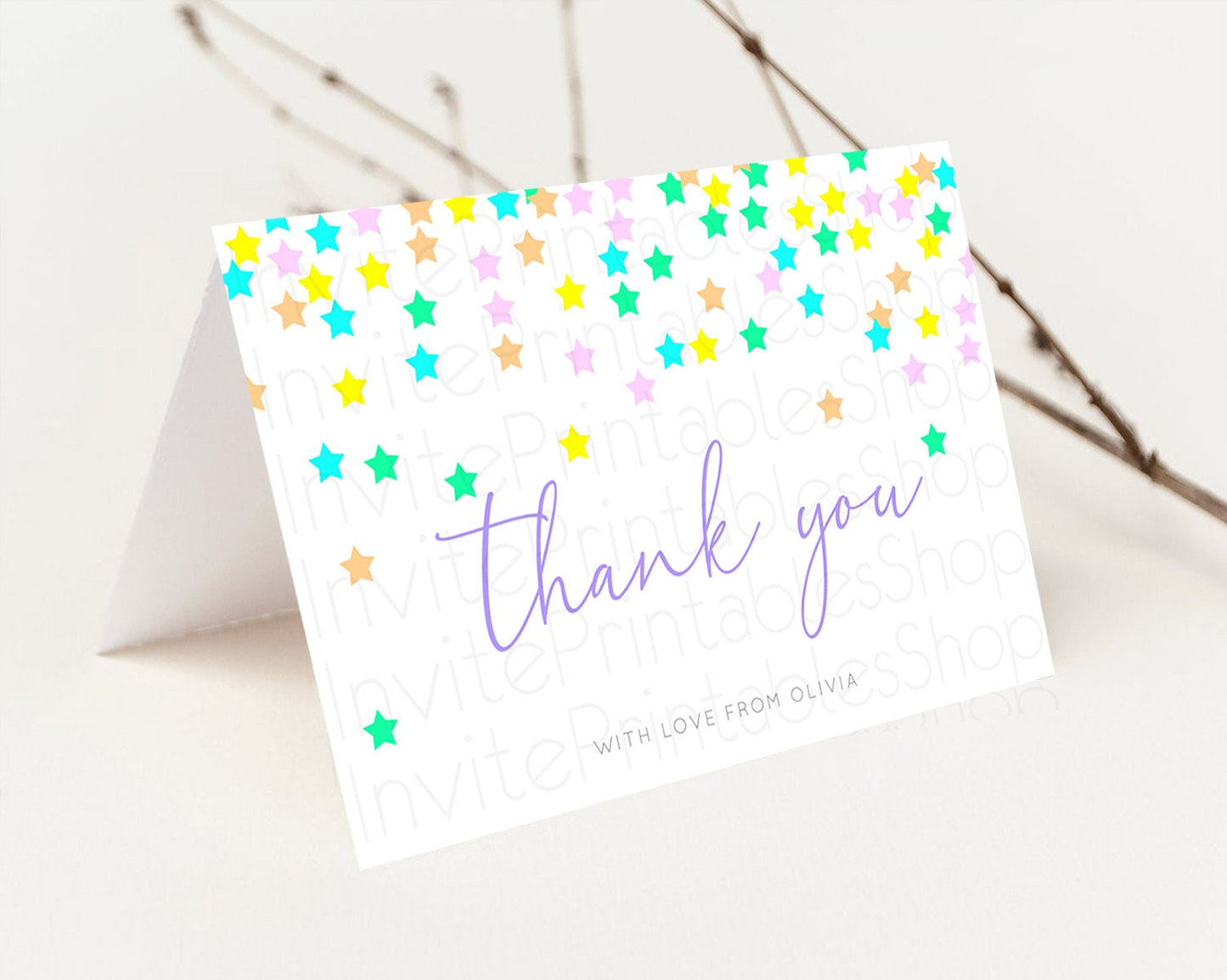 Star Thank You Card Pastel Stars Thank You Shooting Star Rainbow Colorful Confetti Twinkle Little Star Birthday Teacher Thank You D10394