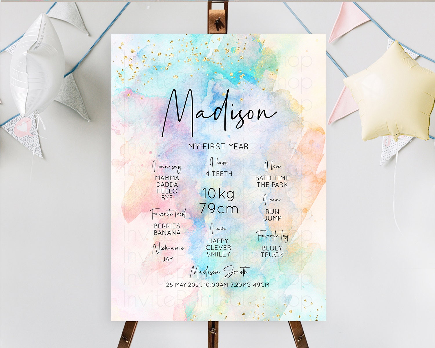 Editable Pastel First Birthday Milestone Board Pastel Rainbow Milestone Post