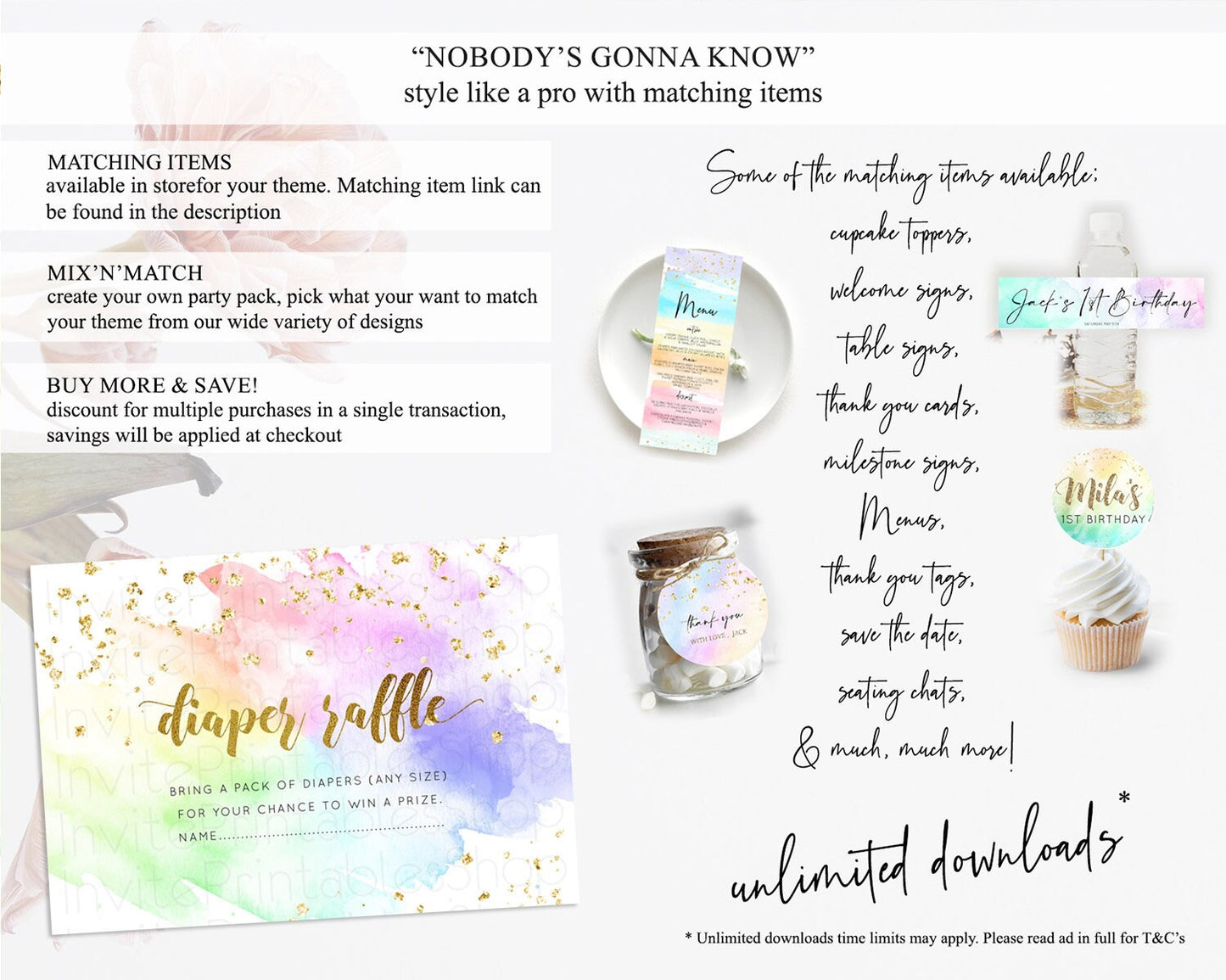 Pastel Diaper Raffle Card Pastel Rainbow Diaper Raffle Insert Colorful Ombre Watercolor Diaper Ticket Confetti Glitter Raffle Game D10876