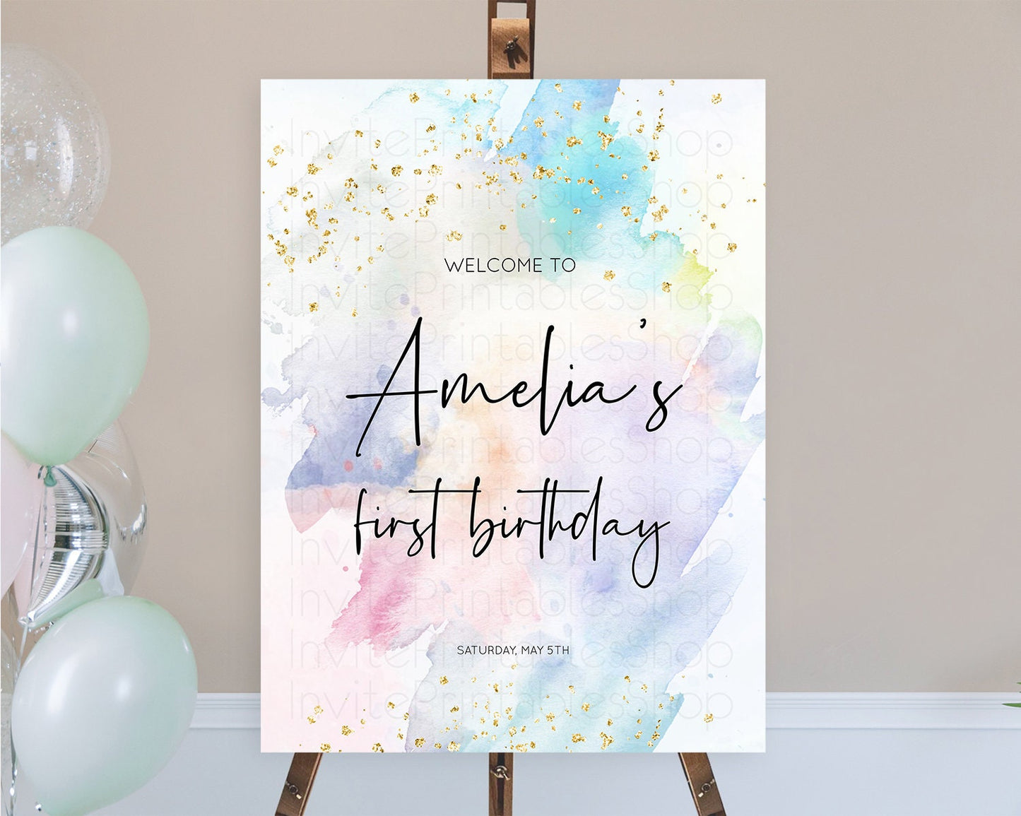 Pastel Welcome Sign Pastel Rainbow Welcome Sign Colorful Rainbow Confetti Watercolor Glitter Pastel First Birthday Welcome Sign D10422
