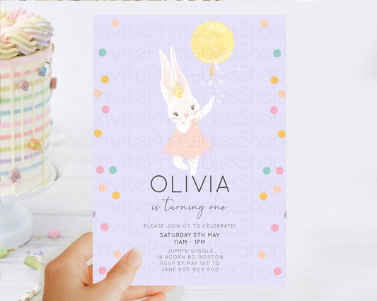 Bunny Birthday Invitation Pastel Bunny Invitation Bunny Balloon Invites Pastel Confetti Balloon Bunny Invites 2nd 1st First Birthday 199v2