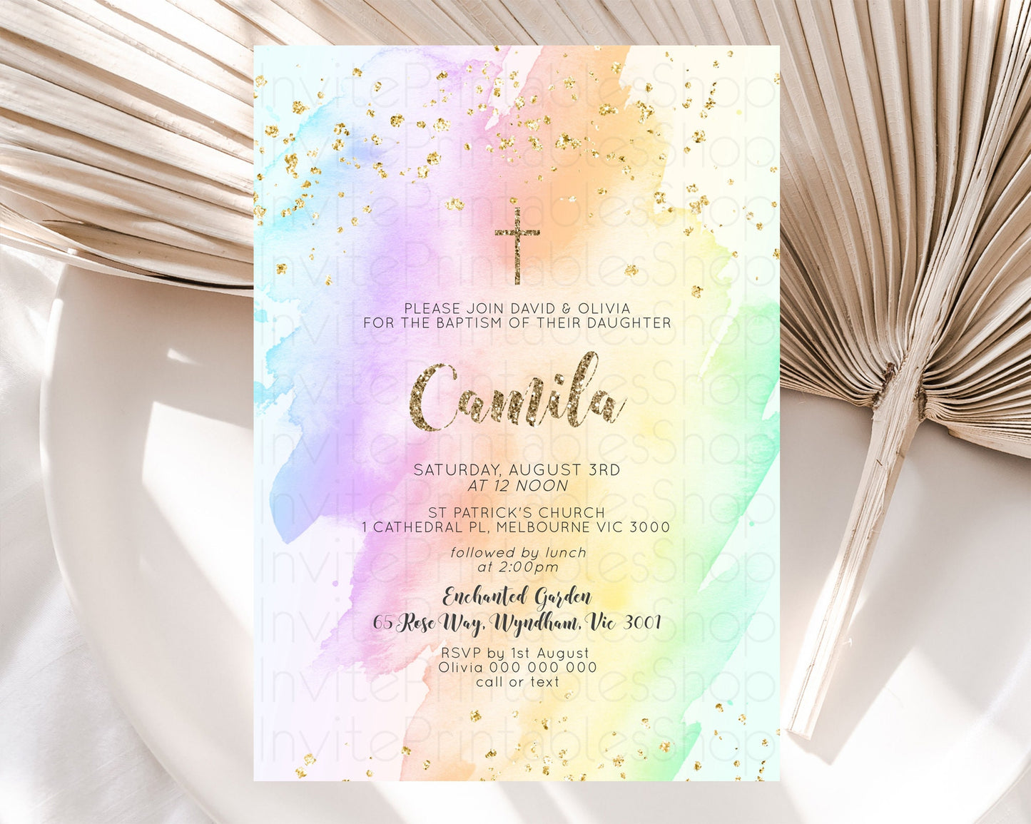 Pastel Baptism Invitation Pastel Colors Watercolor Baptism 1st Birthday Party Gold Ombre Pastel Rainbow Christening Holy Communion D10643