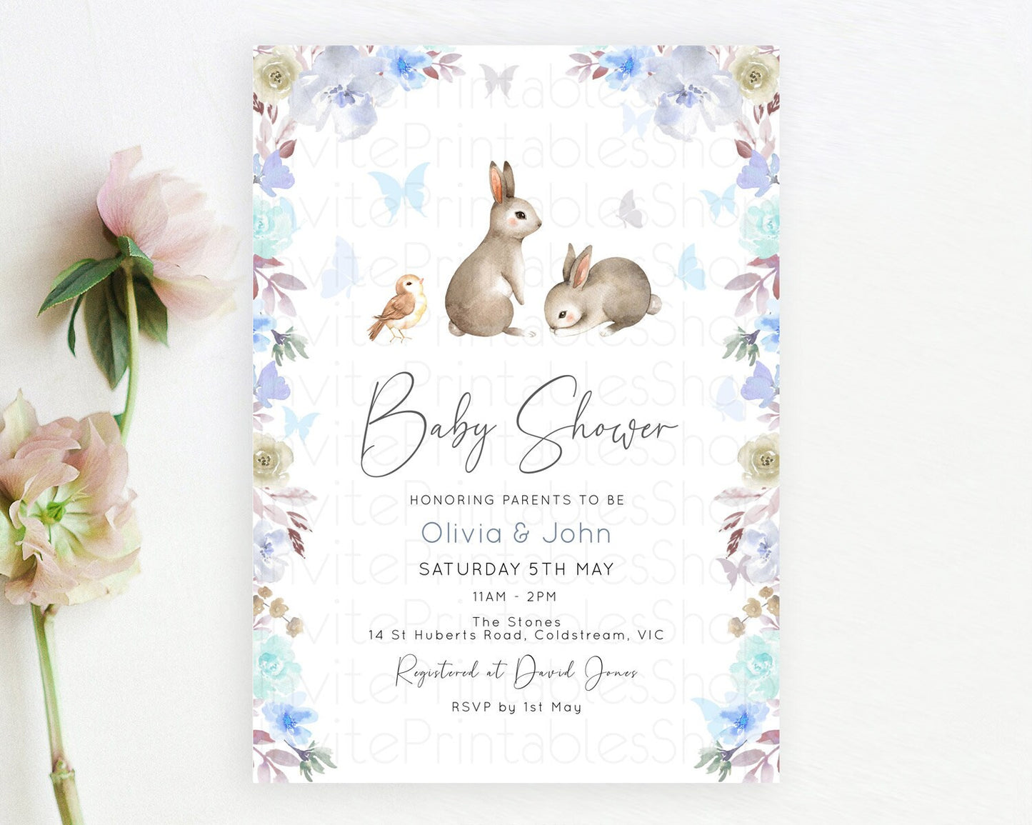 Bunny Baby Shower Invitation: Enchanted Forest, Secret Garden, Pastel Blue Floral, White, Grey, Rabbit, Butterfly, Woodland Theme D10927