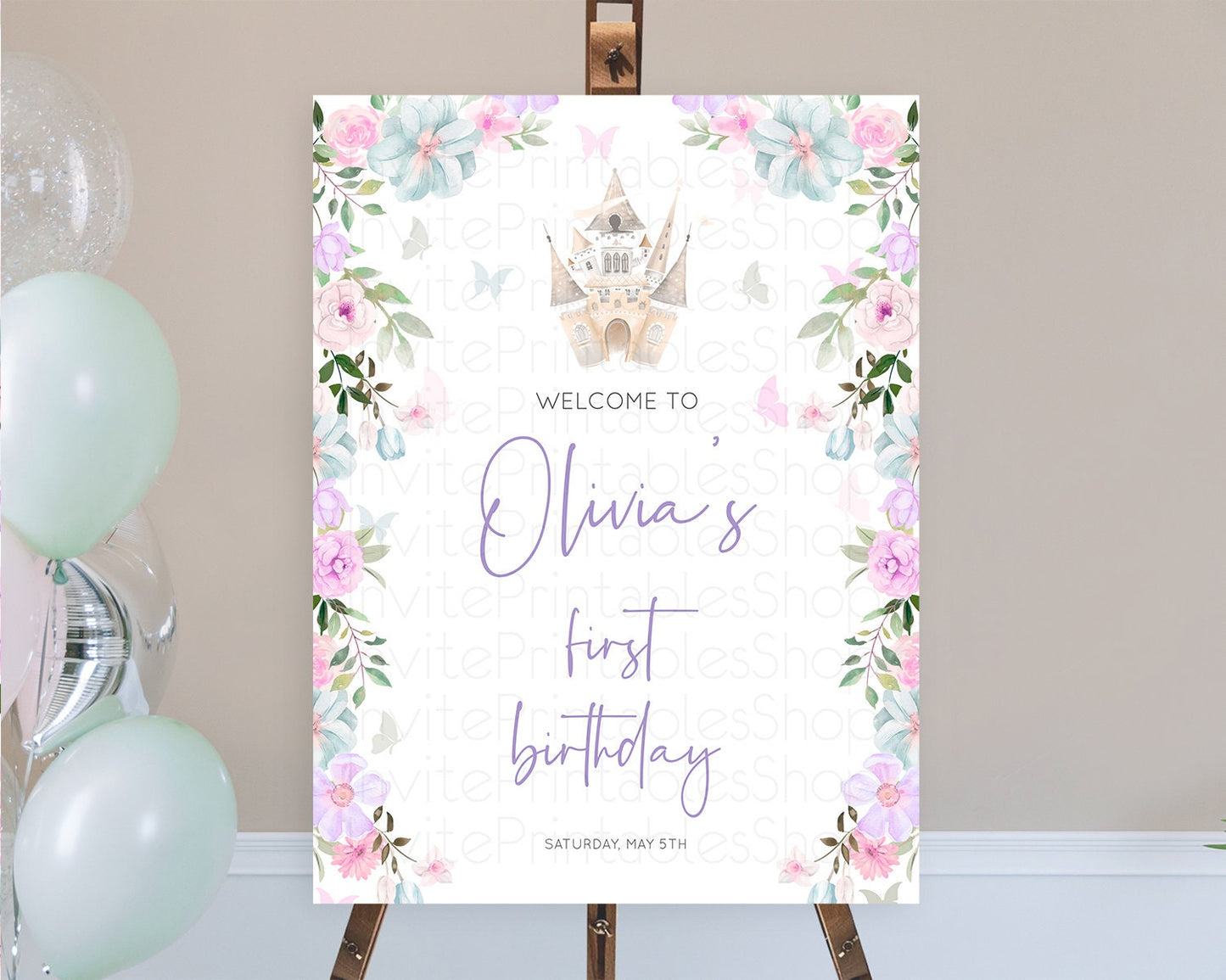 Princess Birthday Welcome Sign Castle Welcome Board Secret Garden Enchanted Castle Pastel Floral Garden First Birthday Welcome Sign D10471