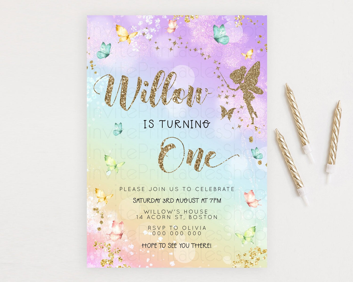 Pastel Fairy Birthday Invitation Pastel Butterflies Fairy Birthday Invitation Rainbow Ombre Watercolor 1st 2nd Birthday Invitation D23161