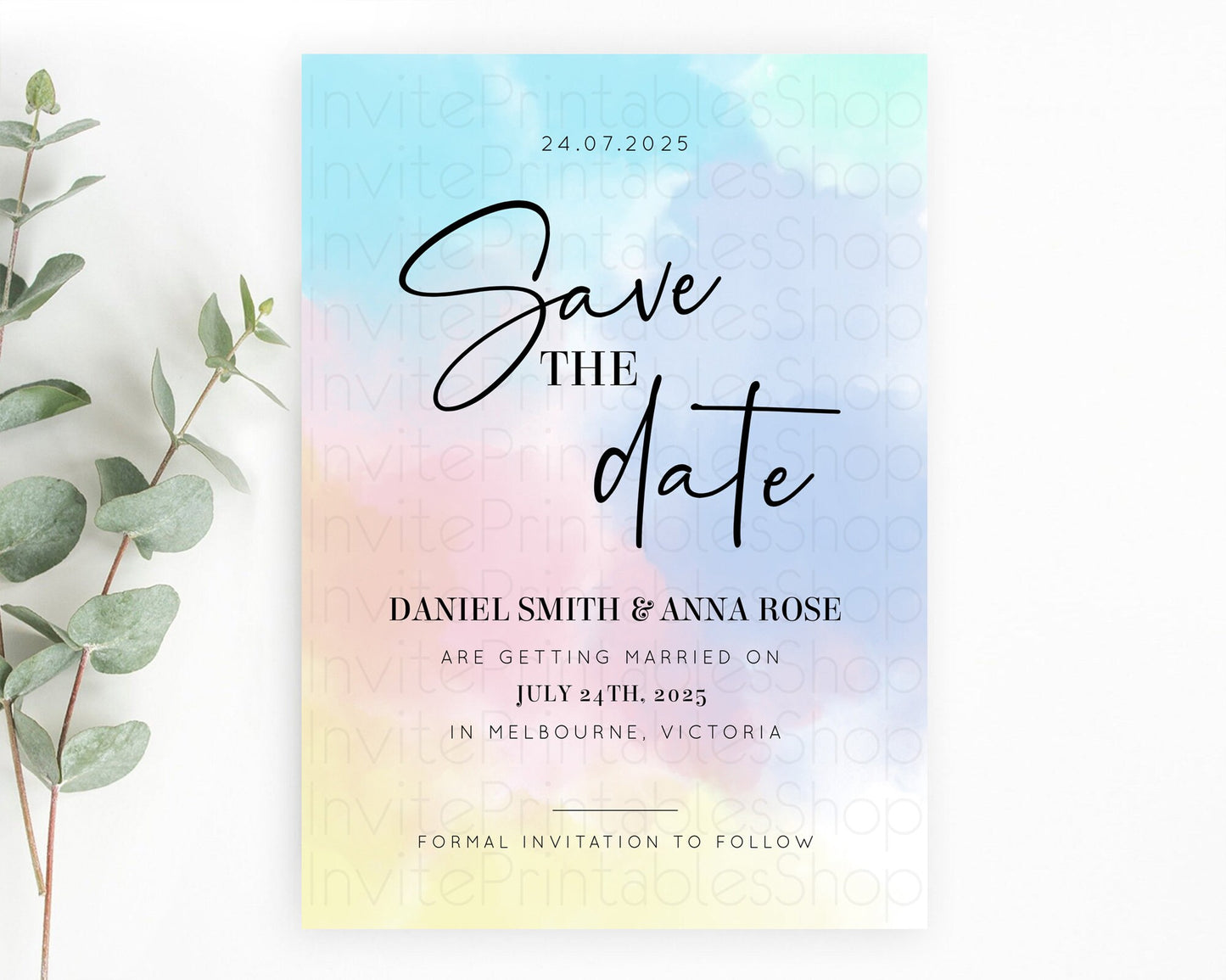 Pastel Save The Date Template Pastel Ombre Rainbow Watercolor Colorful Party For Birthday Baptism Baby Shower Wedding Bridal Shower D10373