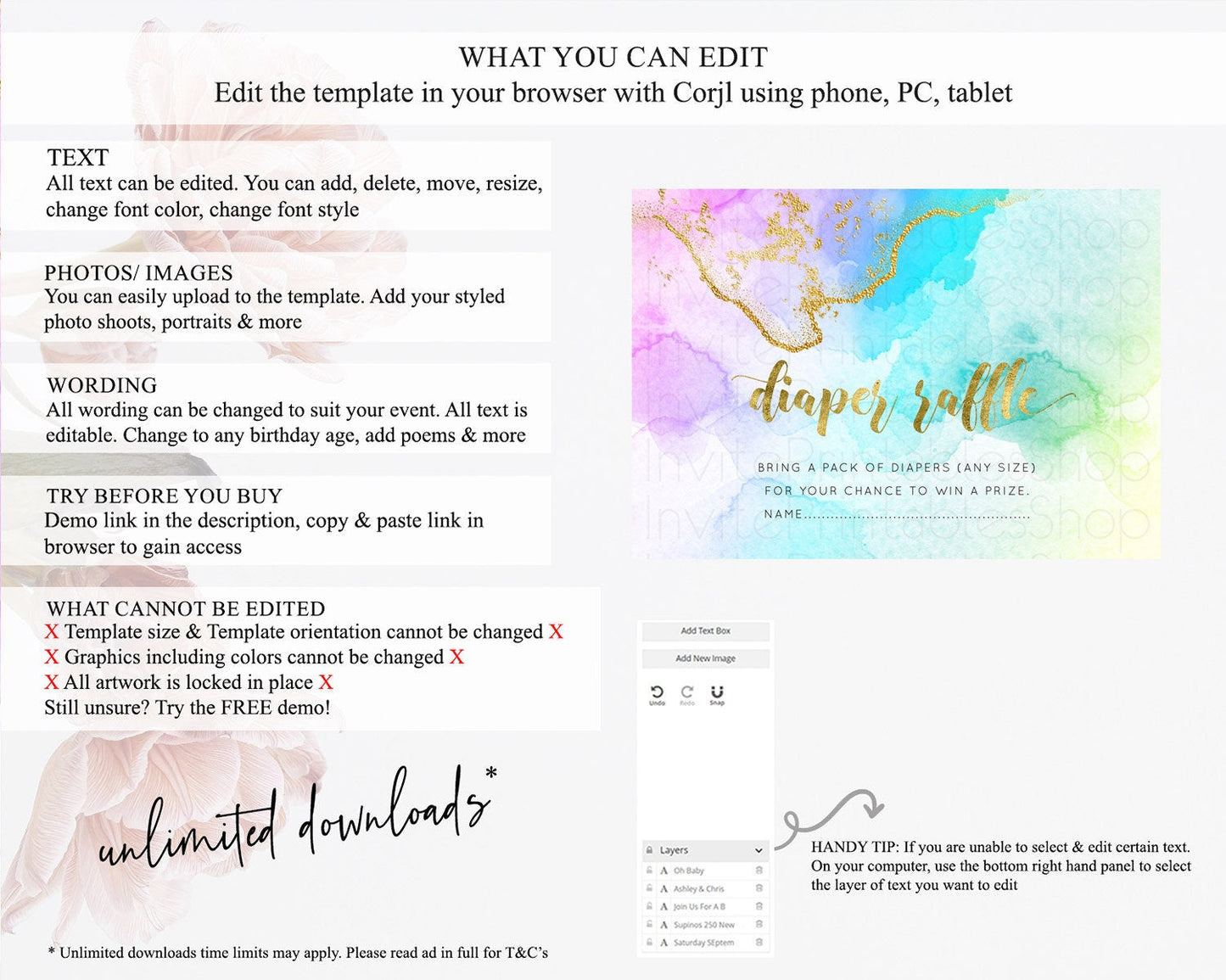 Pastel Diaper Raffle Card Pastel Rainbow Diaper Raffle Insert Colorful Ombre Watercolor Diaper Ticket Confetti Glitter Raffle Game D10392