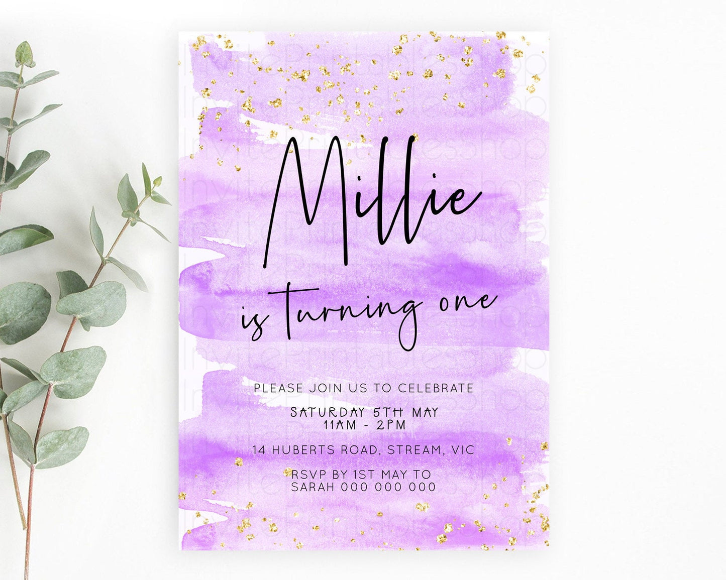 Purple Birthday Invitation Purple Watercolor Invite Pastel Purple Watercolor Invitation Purple Splash Gold Invitation First Birthday D23049