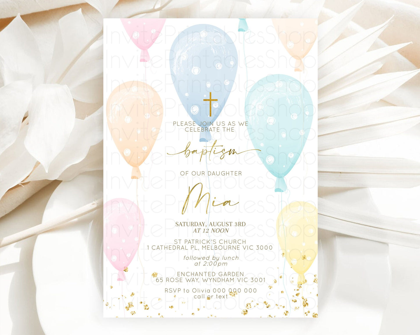 Editable Balloon Baptism Invitation Pastel Baptism 1st Birthday Invitation P