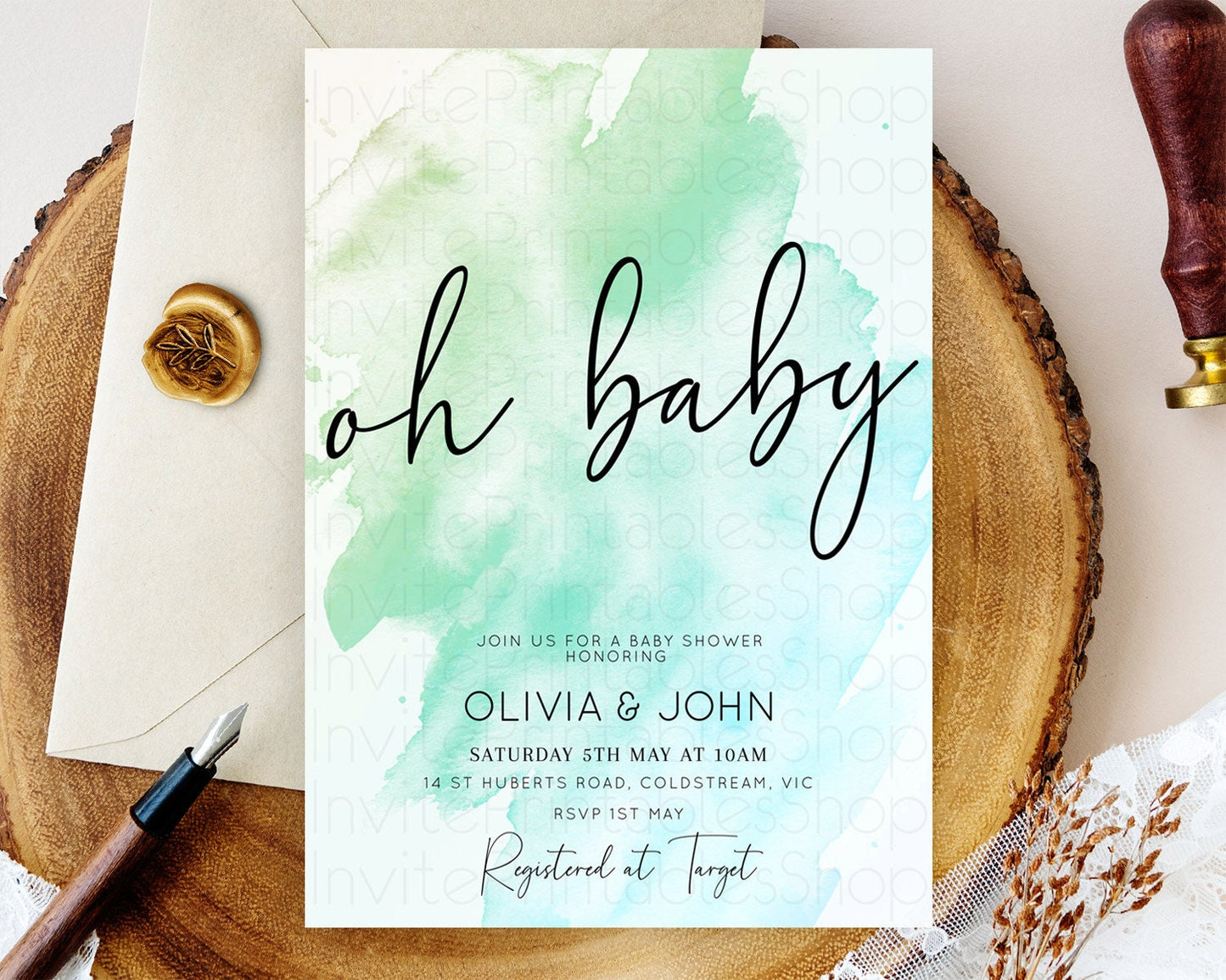 Green Baby Shower Invitation Green Watercolor Baby Shower Invitation Pastel Green Watercolor Invitation Green Splash Gold Invitation D10166