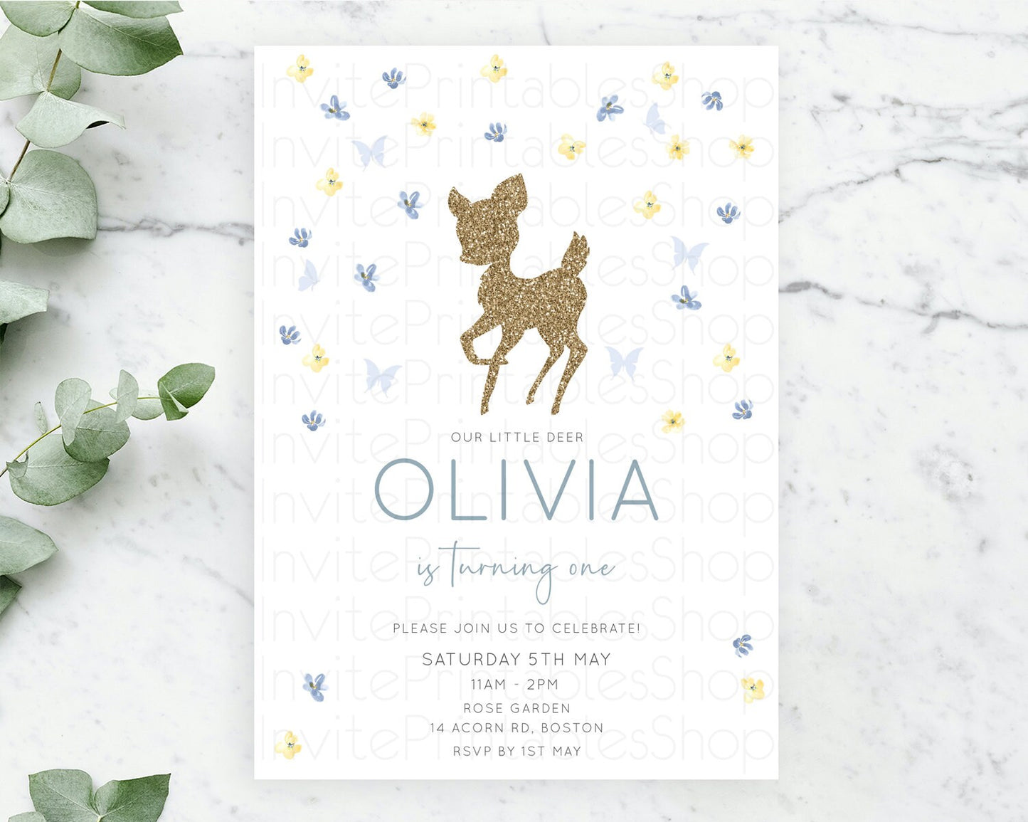 Fawn Birthday Invitation Deer Birthday Invitation Enchanted Forest Party Butterfly Pastel Flowers Whimsical 2nd 1st First Birthday D10864