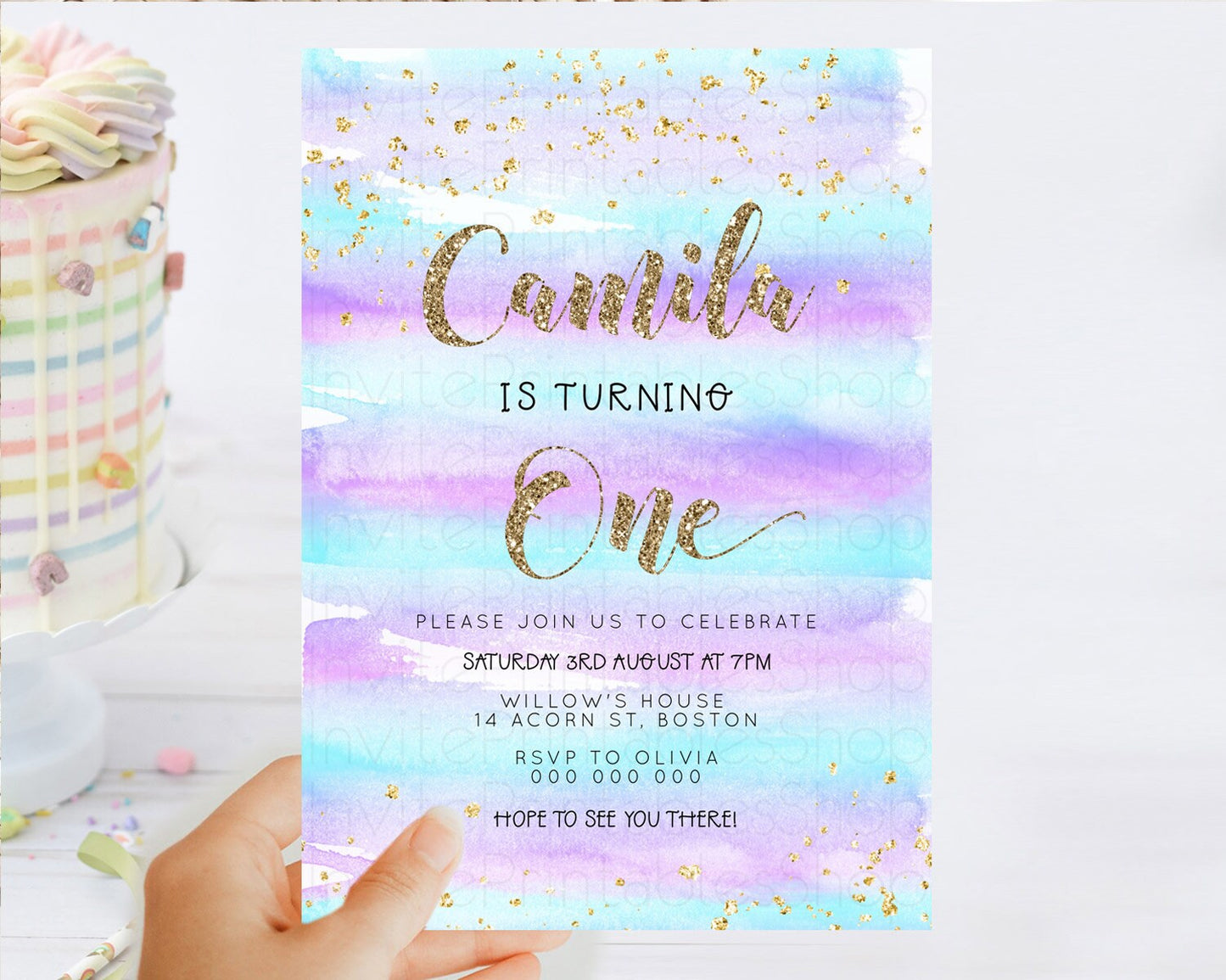 Rainbow Birthday Invitation Colorful Pastel Watercolor Invitation Gold Glitter Sprinkles Ombre Pastel 1st 2nd 3rd Birthday D23264