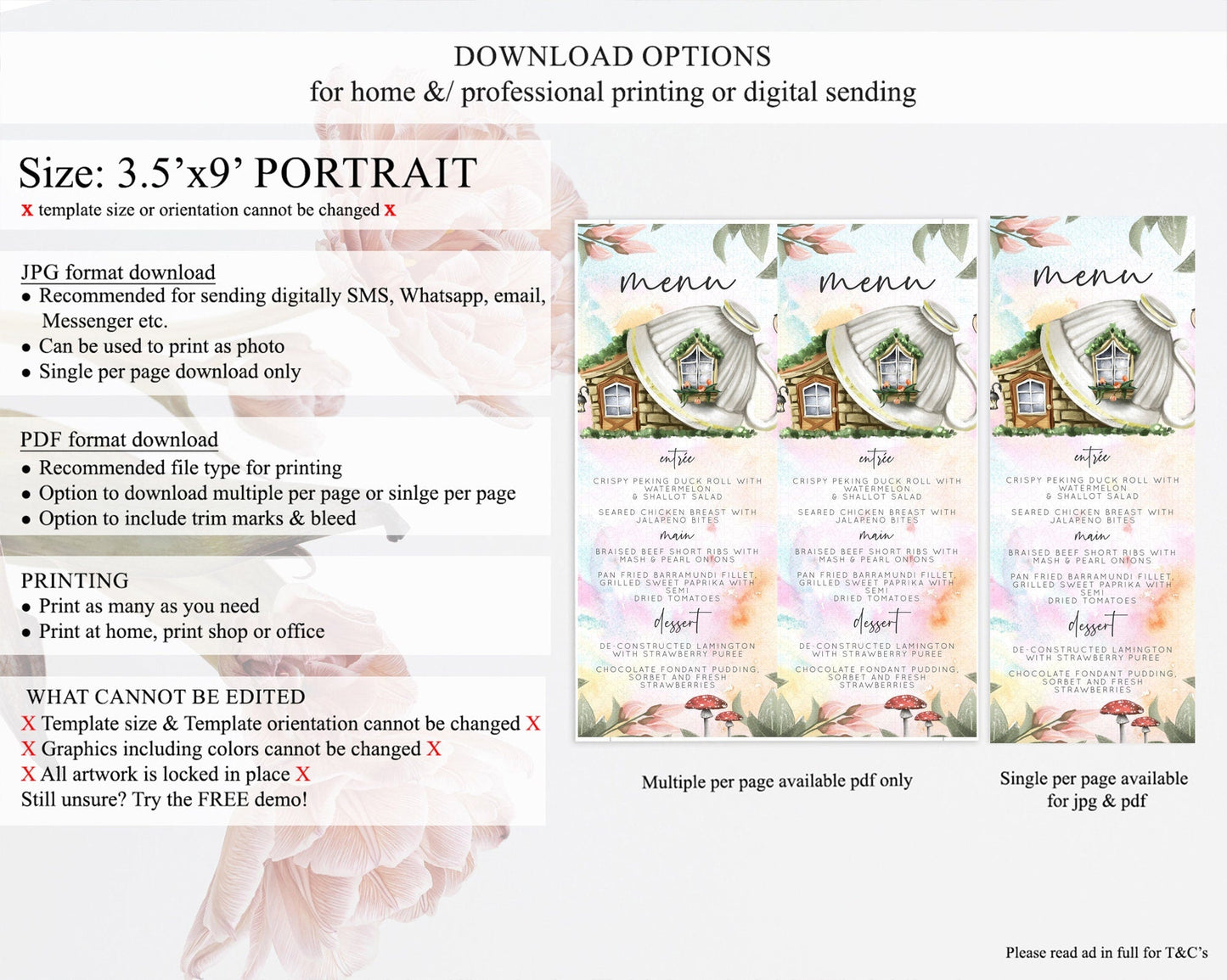 Fairy Menu Fairy Menu Template Enchanted Garden Pastel Floral Butterfly Table Decor Fairy Secret Garden Dinner Dessert Food Menu D10555