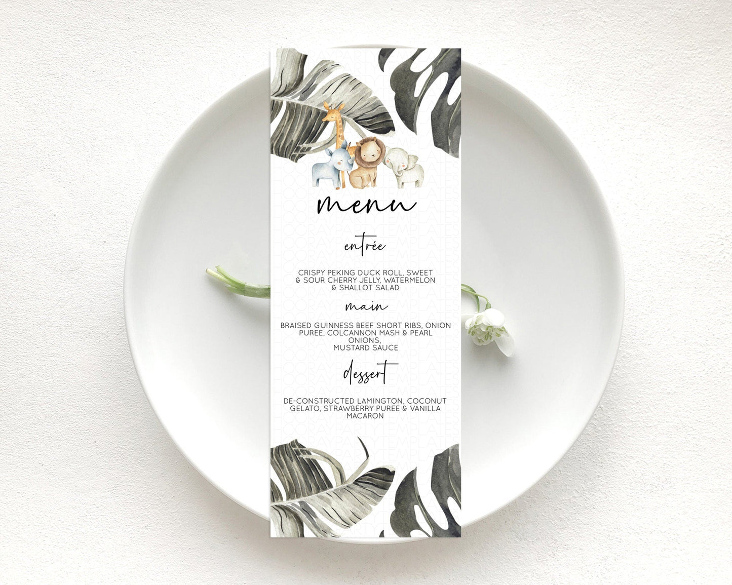 Safari Menu Safari Menu Template Lion Gorilla Elephant Rhino Tropical Palm Zoo Table Decor Safari Dinner Dessert Menu Food Menu D10599